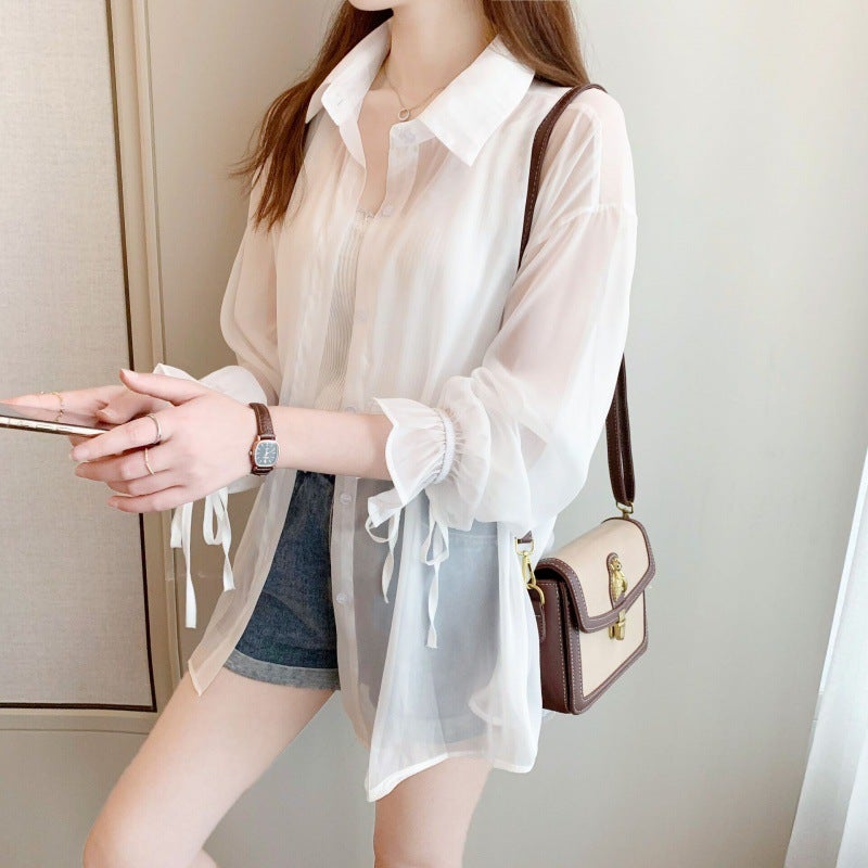 Korean Style Ice Silk Chiffon Thin Shirt Womens Sunscreen Clothing 2023 Summer New Anti-UV Breathable Cardigan Jacket White - Image 1