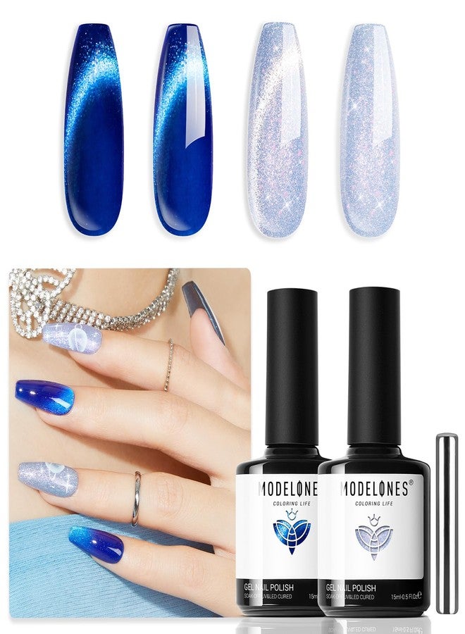 modelones Gel Nail Polish Set 2 PCS 15 ML Blue Cat Eye Gel Nail Polish Glitter Galaxy Dark Blue 9D With Magnet Light Shimmer Soak Off Led Nail Art DIY Salon For Women - Image 1