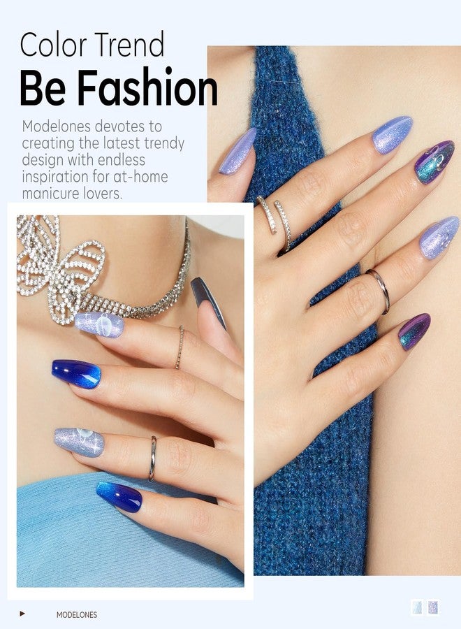 modelones Gel Nail Polish Set 2 PCS 15 ML Blue Cat Eye Gel Nail Polish Glitter Galaxy Dark Blue 9D With Magnet Light Shimmer Soak Off Led Nail Art DIY Salon For Women - Image 3
