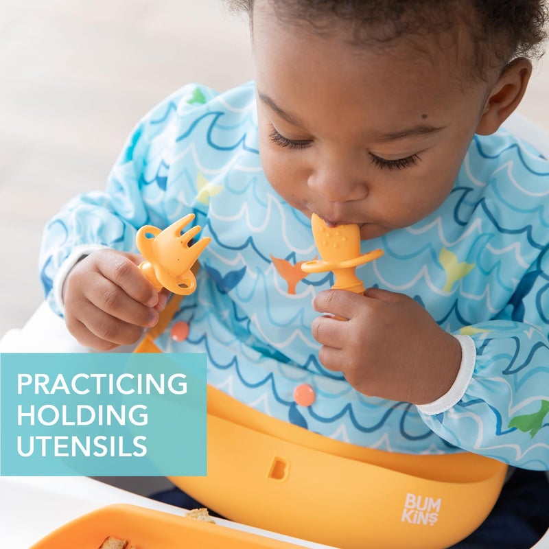 Bumkins Baby Utensils Set, Chewtensils Silicone Spoons for Dipping, Self-Feeding, Baby Led Weaning, Trainer Learning, First Stage Eating, Soft Practice Fork and Spoon, Babies 6 Months, Tangerine - Image 2