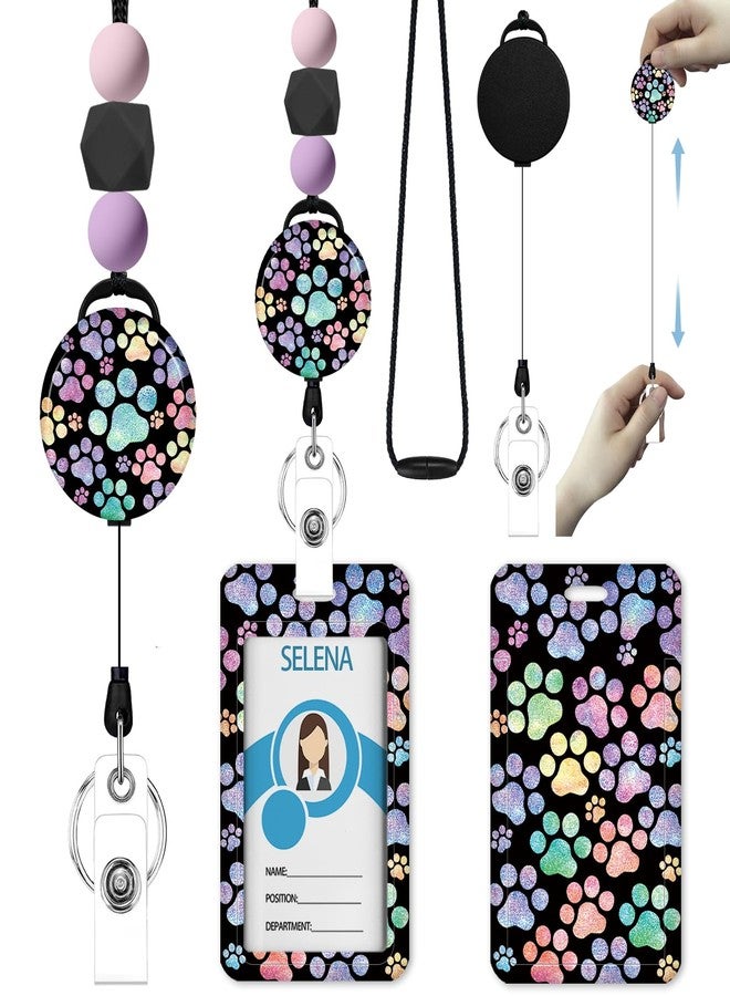 Icycay Dog Paw Retractable Lanyards for Id Badges, ID Holder with Silicone Beaded Lanyard Badge Retractable Clip, Cute Paw Name Tag Work Office Supplies for Men Women Teacher Gifts - Image 1