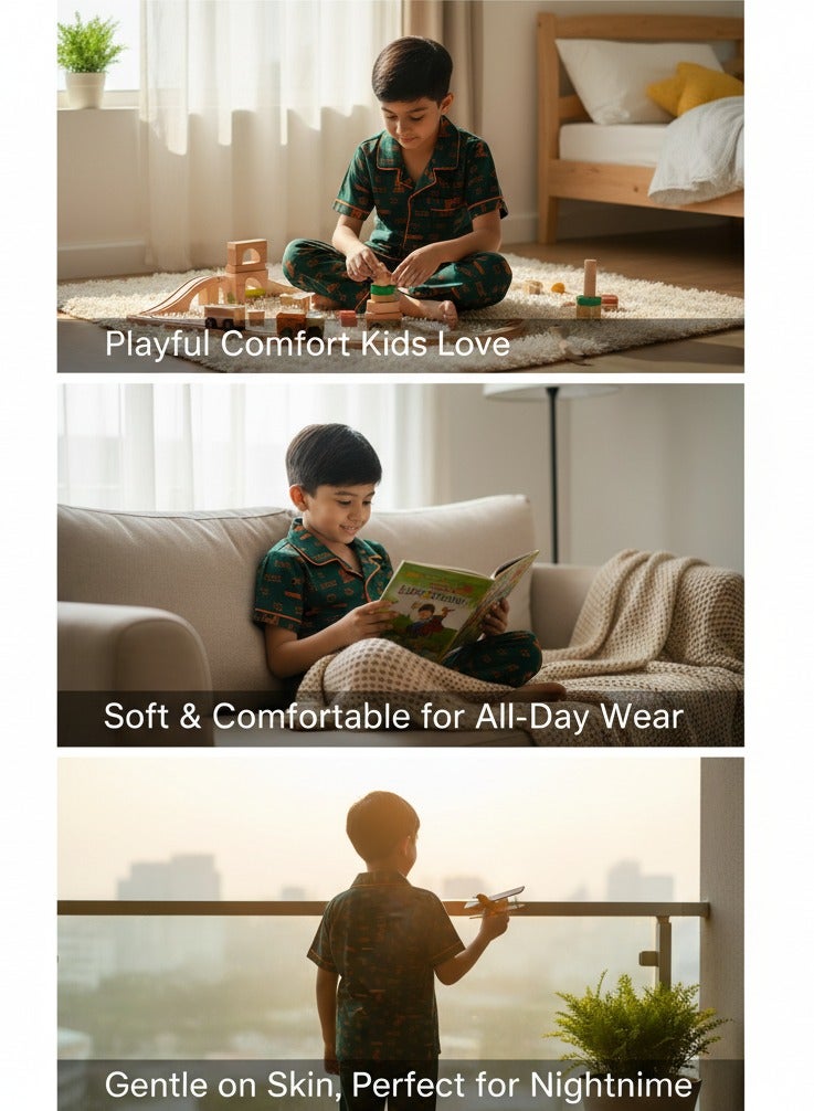 جوانا طقم بيجاما للأولاد بطبعة "يس ميك يور أون رولز"، قميص بأزرار وبنطال، باللون الأخضر - Image 2