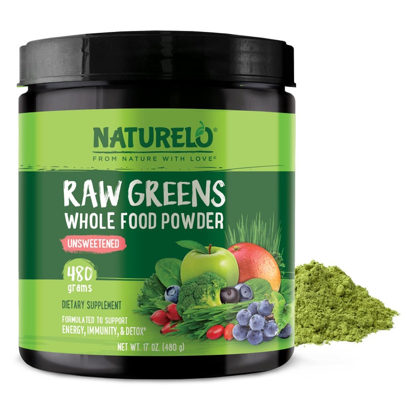 NATURELO Raw Greens Superfood Powder - Unsweetened - Boost Energy, Detox, Enhance Health - Organic Spirulina - Wheat Grass - Whole Food Nutrition from Fruits & Vegetables - 480 Grams - Image 1
