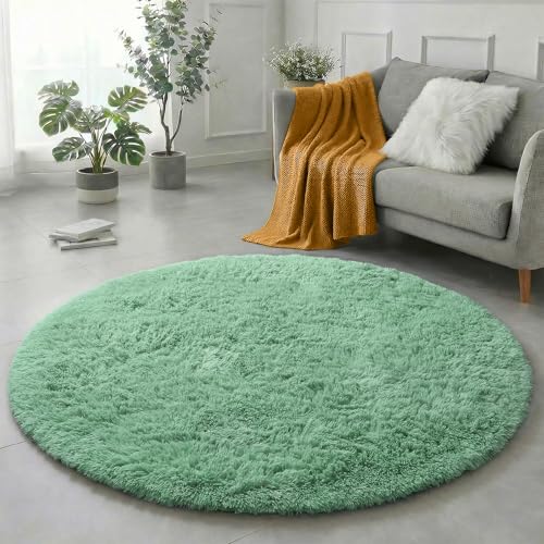 Amdrebio Sage Green Round Rug 4Ft for Bedroom Aesthetic Fluffy Furry Circle Rugs for Nursery Classroom Teen Boys Baby Kids Room Decor Cute Shaggy Area Rug for Dorm Fuzzy Plush Light Mint Carpet - Image 1