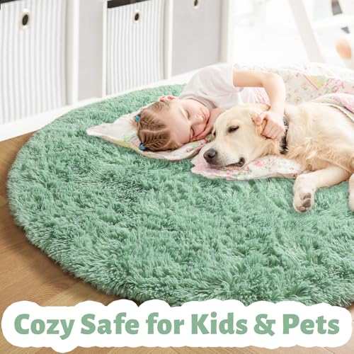 Amdrebio Sage Green Round Rug 4Ft for Bedroom Aesthetic Fluffy Furry Circle Rugs for Nursery Classroom Teen Boys Baby Kids Room Decor Cute Shaggy Area Rug for Dorm Fuzzy Plush Light Mint Carpet - Image 3
