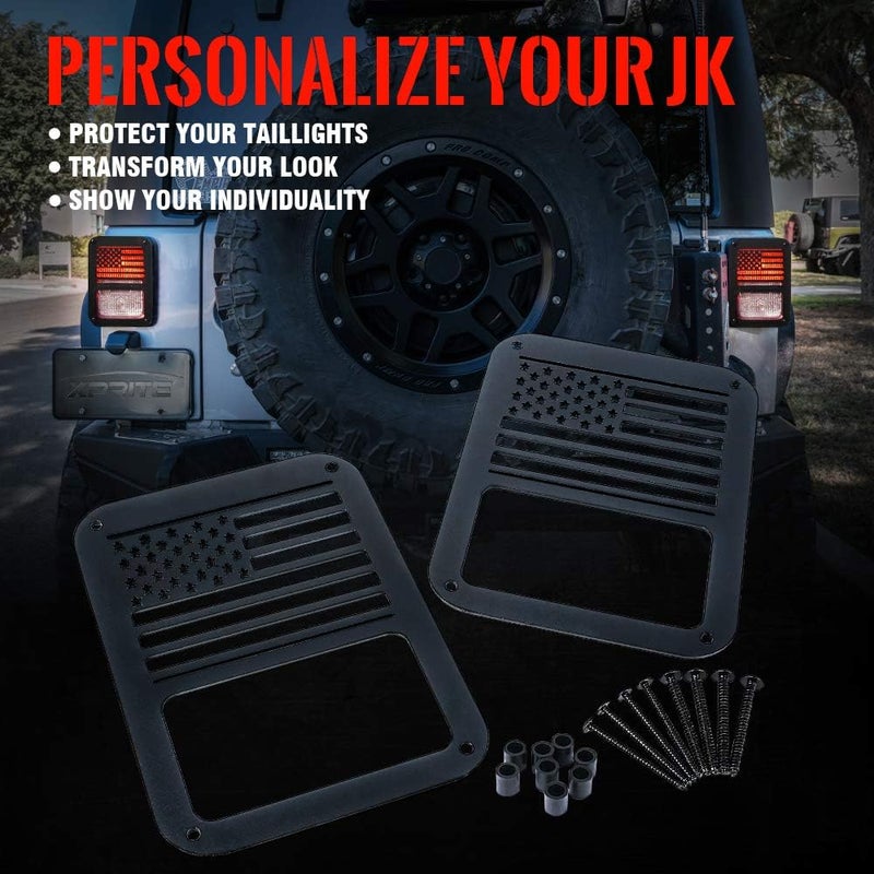 Xprite Aluminum Alloy “American US Flag” Tail Light Covers Guards Protectors Compatible with 2007-2018 Jeep Wrangler JK Unlimited Accessories -Pair - Image 2