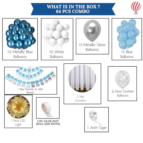 HK Balloons 64 Piece Blue 1st Happy Birthday Combo Set with White Net Curtain Cloth Decorations for a Blue-Themed Birthday Celebrations for boys 1st birthday decorations - Image 2