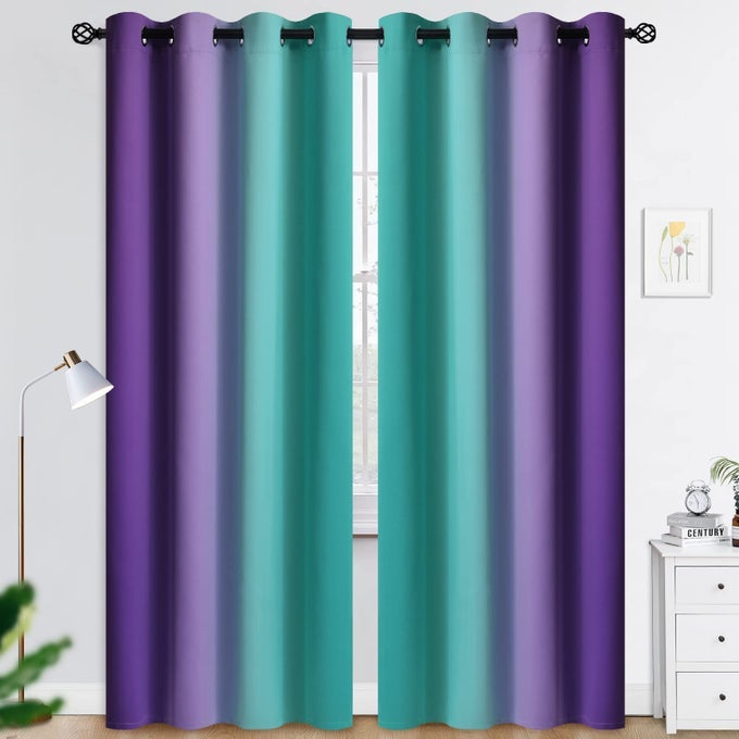 GROMMET OMBRE ROOM DARKENING CURTAINS 84 INCHES LENGTH FOR LIVING ROOM POLYESTER LIGHT BLOCKING TEAL AND PURPLE GRADIENT WINDOW DRAPESCURTAINS FOR KIDSGIRLS BEDROOM2 PANELS 52X84INCHES