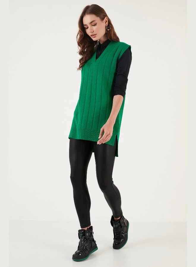 ليلا ليلى سترة محبوكة طويلة الظهر بفتحة رقبة على شكل حرف  للنساء