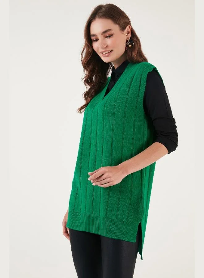 ليلا ليلى سترة محبوكة طويلة الظهر بفتحة رقبة على شكل حرف  للنساء