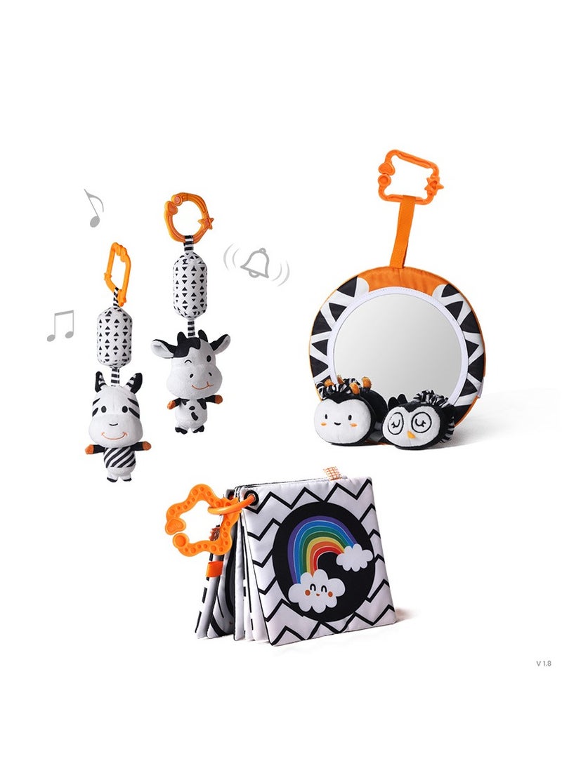 Baby Hanging Toys Gift Set Mirror Black and White Plush Rattles Rings and Crinkle Cloth Book for Pram Car Seat Activity Stroller Hanging Toy for 3 6 9 12 Months Newborn Boys Girls Kids (4 Pcs)  - Image 1