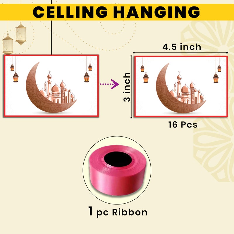 1iAM Eid Mubarak Decoration Combo Pack of 17 | 1pc "HAPPY EID" Printed Beautiful Blue Moon Bunting Paper Banner & 16pcs Ceiling Hanging with Ribbon for Celebration of Eid | Ramadan Decoration Items - Image 5