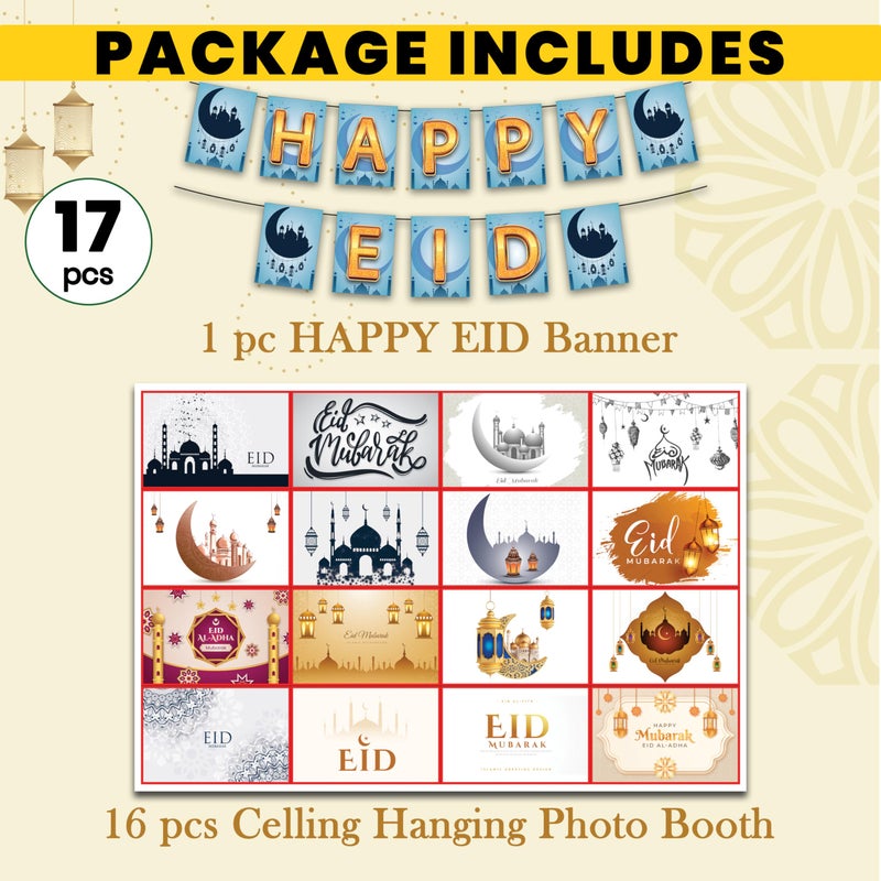 1iAM Eid Mubarak Decoration Combo Pack of 17 | 1pc "HAPPY EID" Printed Beautiful Blue Moon Bunting Paper Banner & 16pcs Ceiling Hanging with Ribbon for Celebration of Eid | Ramadan Decoration Items - Image 2