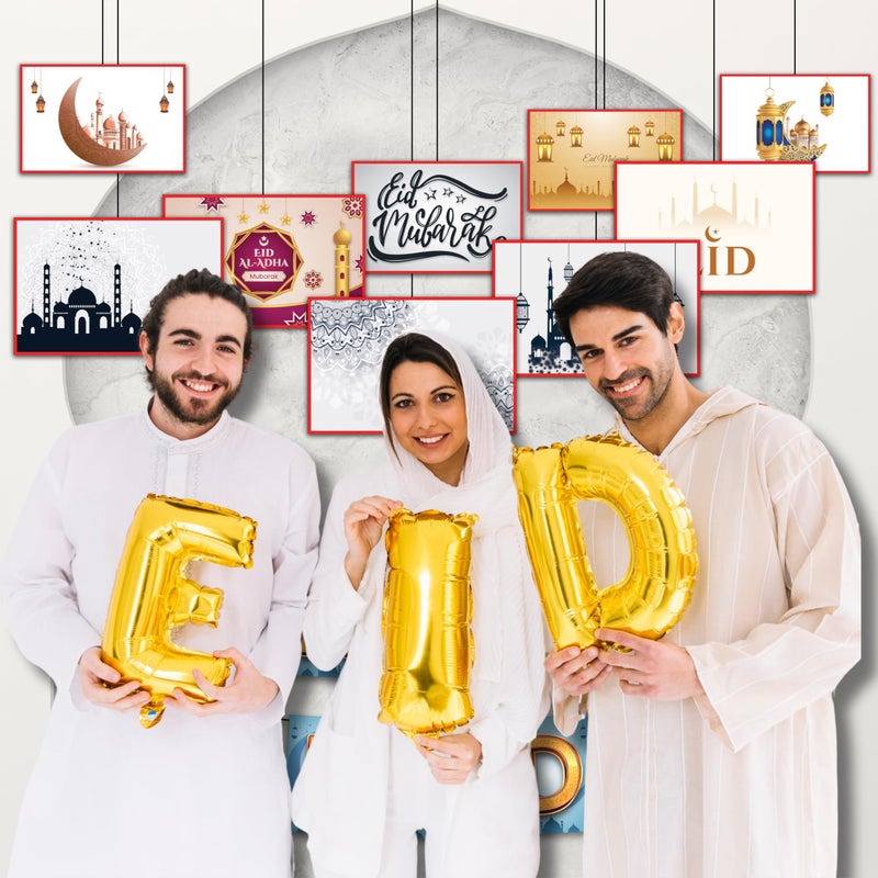 1iAM Eid Mubarak Decoration Combo Pack of 17 | 1pc "HAPPY EID" Printed Beautiful Blue Moon Bunting Paper Banner & 16pcs Ceiling Hanging with Ribbon for Celebration of Eid | Ramadan Decoration Items - Image 3