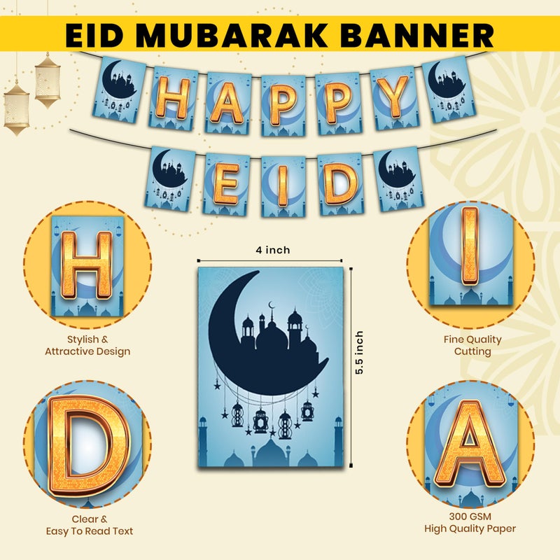 1iAM Eid Mubarak Decoration Combo Pack of 17 | 1pc "HAPPY EID" Printed Beautiful Blue Moon Bunting Paper Banner & 16pcs Ceiling Hanging with Ribbon for Celebration of Eid | Ramadan Decoration Items - Image 4