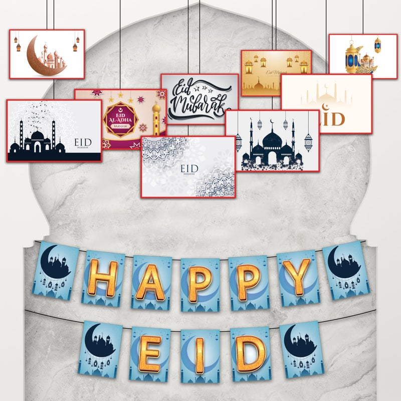 1iAM Eid Mubarak Decoration Combo Pack of 17 | 1pc "HAPPY EID" Printed Beautiful Blue Moon Bunting Paper Banner & 16pcs Ceiling Hanging with Ribbon for Celebration of Eid | Ramadan Decoration Items - Image 1