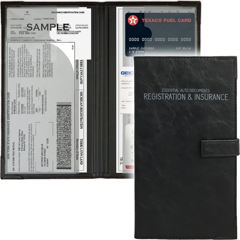 Auto Insurance and Registration Card Holder Vehicle Glove Box Document Organizer Car Essential Paperwork Holder for DMV AAA Contact Information Cards Premium PU Leather Wallet Case Black