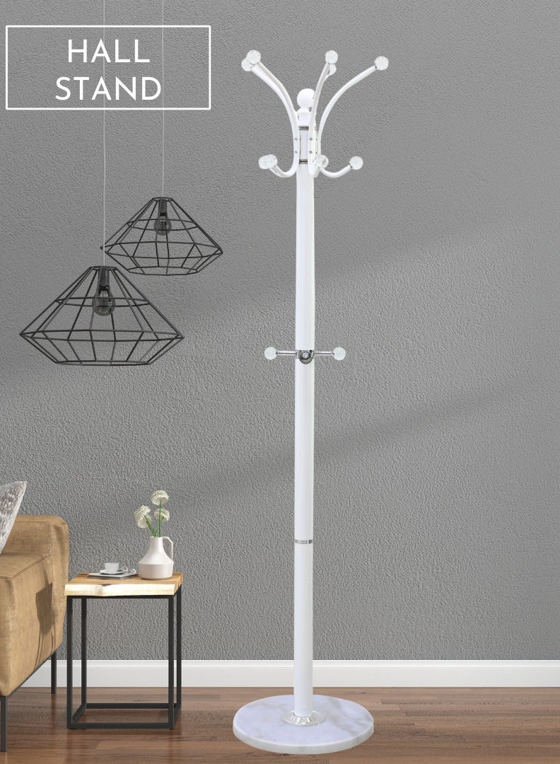 AFT Arfan Metal Coat Rack Stand With Natural Marble Base, Free Standing Hall Tree With 14 Hooks For Hanging Scarf, Bag, Jacket, Home Entry-Way Hat Hanger Organizer - White - Image 1