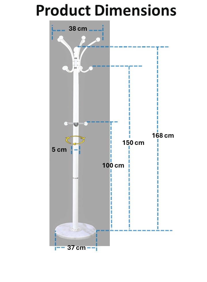 AFT Arfan Metal Coat Rack Stand With Natural Marble Base, Free Standing Hall Tree With 14 Hooks For Hanging Scarf, Bag, Jacket, Home Entry-Way Hat Hanger Organizer - White - Image 3
