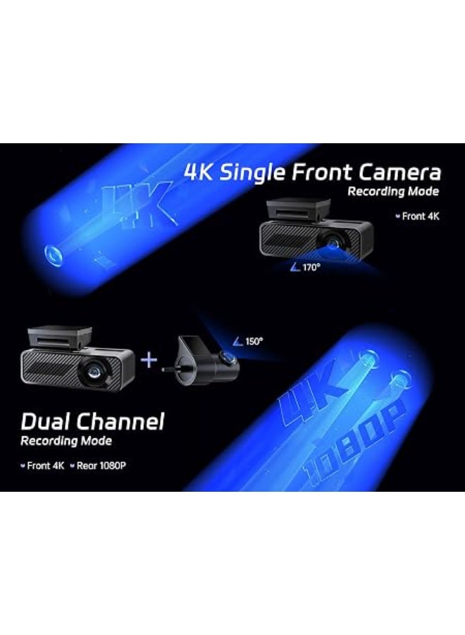 كاميرا سيارة داش كام امامية وخلفية 4K من بيلسي مع بطاقة ذاكرة 64 جيجابايت، كاميرا مزدوجة 4K+1080P للسيارات، تحكم بالواي فاي والتطبيق، شاشة IPS 1.5 بوصة، تحكم صوتي، رؤية ليلية، وضع وقوف 24 ساعة، مستشعر جي - Image 2