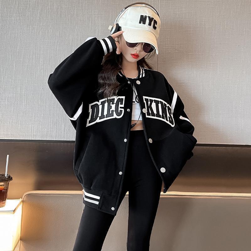 Girls Trendy Korean Baseball Jacket Spring 2024 Black [no delivery]] 