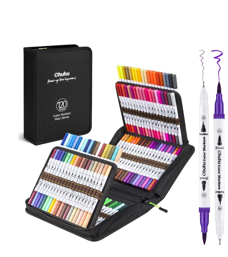 Ohuhu Markers for Adult Coloring Books: Brush Pens Dual Brush Fine Tip Drawing Pens Water-Based Coloring Markers with Carrying Case -Maui (120 Colors) - Image 1