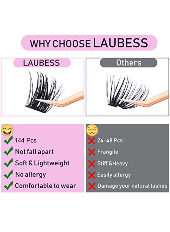 LAUBESS Cluster Lashes 1418mm 144pcs Individual Lashes Volume Eyelash Clusters Mixed Tray DIY Lash Extension Fluffy Cluster Eyelash Extensions Kit Soft Lash Clusters 01007D 1418mm - Image 4