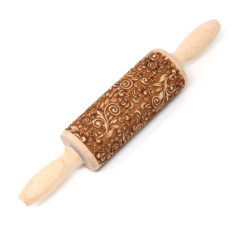 yueton Wooden Embossed Rolling Pin Engraved Cute Kitchen Baking Decor Tool Brown Model EMROLLPIN1