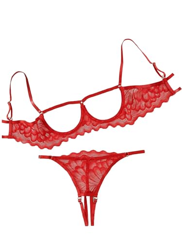 Lilosy Women's Sexy Underwire Floral Lace Sheer Bachelorette Lingerie Set See Through Bra and Panty 2 Piece Red X-Large - Image 1