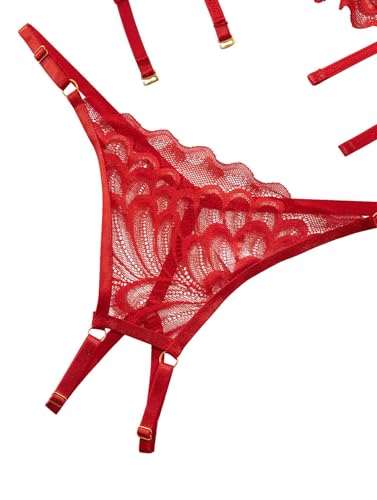Lilosy Women's Sexy Underwire Floral Lace Sheer Bachelorette Lingerie Set See Through Bra and Panty 2 Piece Red X-Large - Image 5