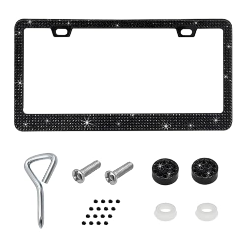 SHMZK Bling License Plate Frame Handcrafted Rhinestone License Plate Holder with Mounting Kit Sparking Diamond Stainless Steel License Plate Cover for Women Car Accessories Black - Image 1