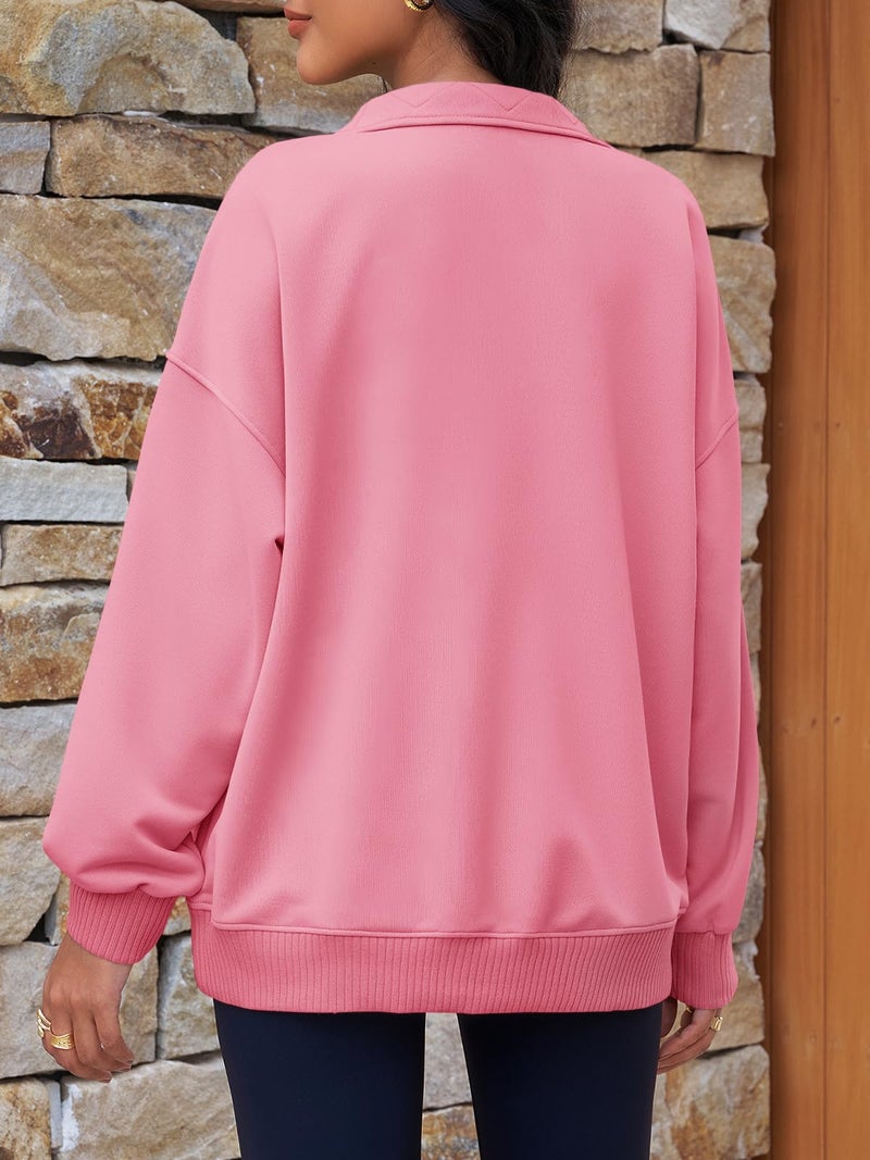 Fisoew Womens Oversized Sweatshirts Casual Long Sleeve Snap Button Henley Neck Loose Fit Fall Pullover Tops Pink - Image 4