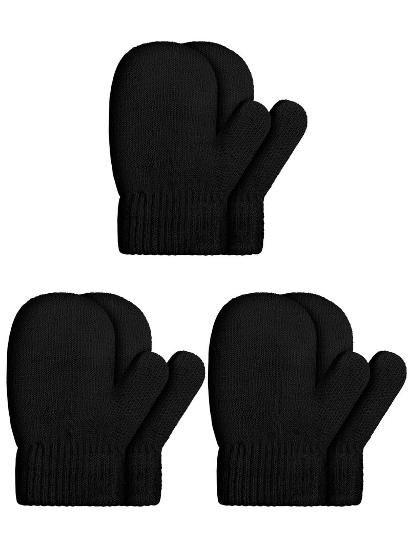 SATINIOR 3 Pairs Toddler Magic Stretch Mittens Little Girls Knit Mitten Baby Boys Soft Winter Knitted Gloves(Black,1-4 Years,Classic) - Image 1