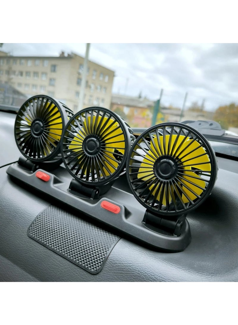 Three-head car cooling fan, 12V, 360-degree rotating, two adjustable speeds, 51-inch cord length, portable cooling fan for SUVs, RVs, cars, boats, and golf courses. - Image 1