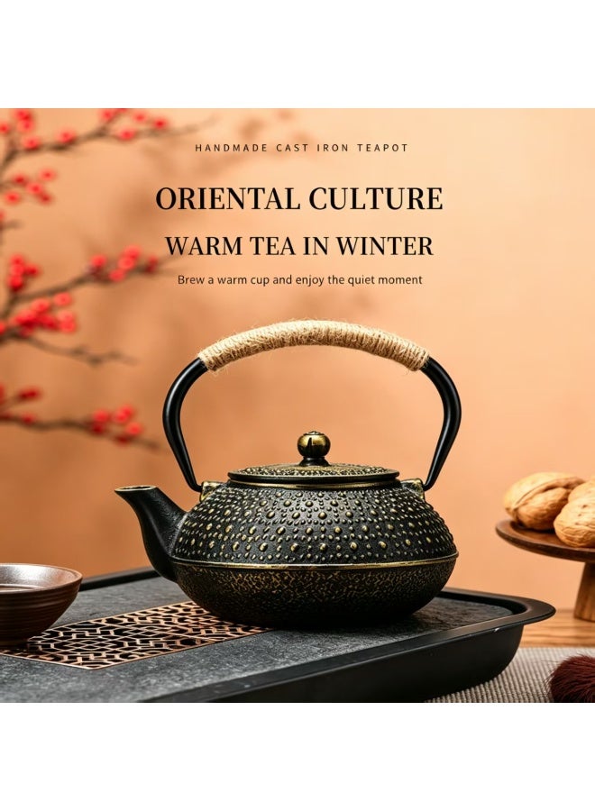 Cast Iron Teapot, 0.9L, Dotted Embossed, Traditional Oriental Style - Image 2