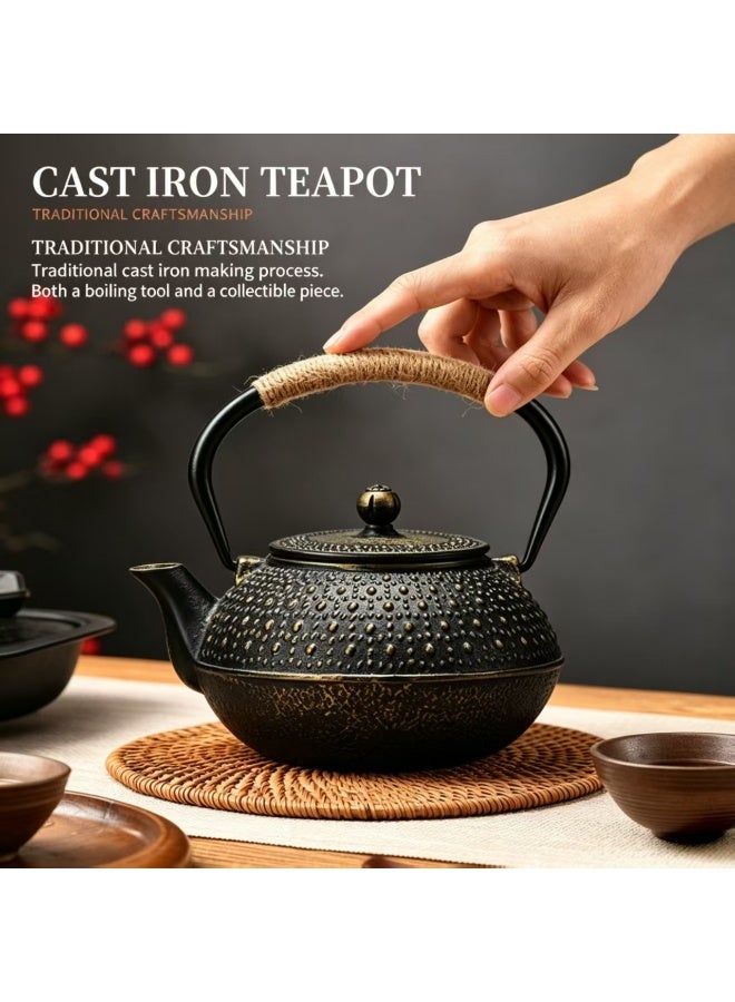 Cast Iron Teapot, 0.9L, Dotted Embossed, Traditional Oriental Style - Image 3