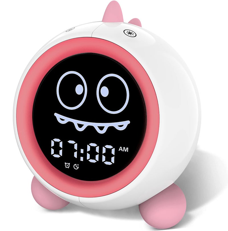 Kids Alarm Clock Toddler Sleep Training Clock with Night Lights Sound Machine Time to Wake Dinosaur Alarm Clock for Children Gift Ideas for Kids Toddler Boy Girl Pink