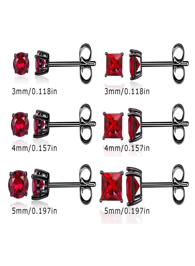 VOLUKA 6 Pairs Created Ruby Stud Earrings for Men Women, 18K Black Gold Plated Brass, Round and Princess Cut Multiple Sizes 3mm/4mm/5mm Cubic Zirconia Earring Set Hypoallergenic - Image 3