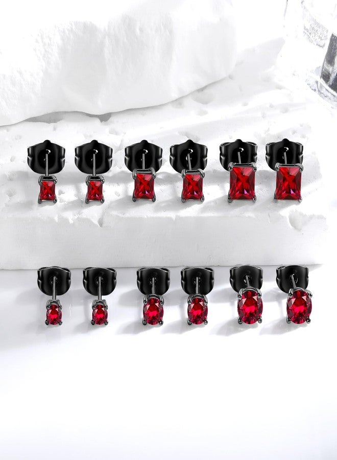 VOLUKA 6 Pairs Created Ruby Stud Earrings for Men Women, 18K Black Gold Plated Brass, Round and Princess Cut Multiple Sizes 3mm/4mm/5mm Cubic Zirconia Earring Set Hypoallergenic - Image 4