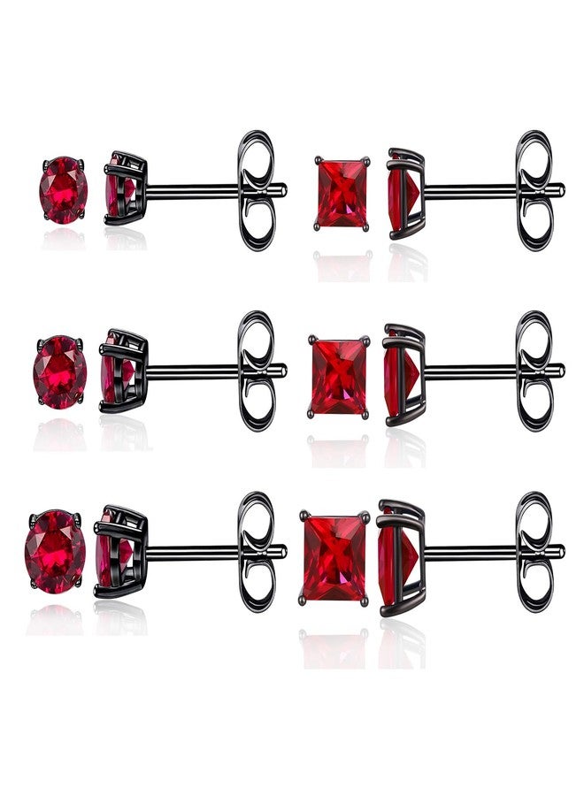 VOLUKA 6 Pairs Created Ruby Stud Earrings for Men Women, 18K Black Gold Plated Brass, Round and Princess Cut Multiple Sizes 3mm/4mm/5mm Cubic Zirconia Earring Set Hypoallergenic - Image 1