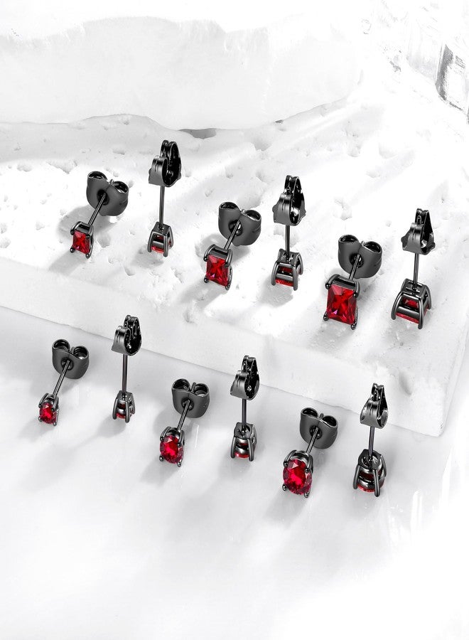 VOLUKA 6 Pairs Created Ruby Stud Earrings for Men Women, 18K Black Gold Plated Brass, Round and Princess Cut Multiple Sizes 3mm/4mm/5mm Cubic Zirconia Earring Set Hypoallergenic - Image 5