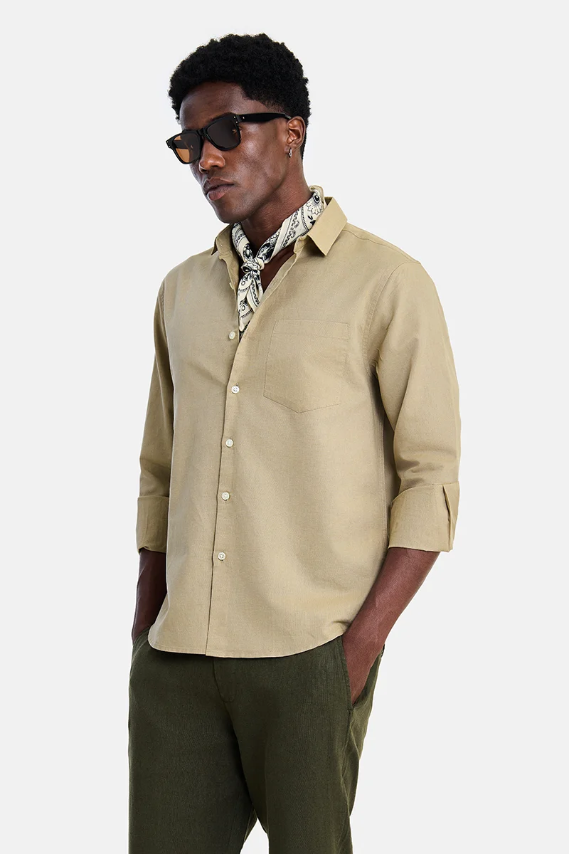 SNITCH Beige Solid Long Sleeve Regular Fit Vacation Shirt