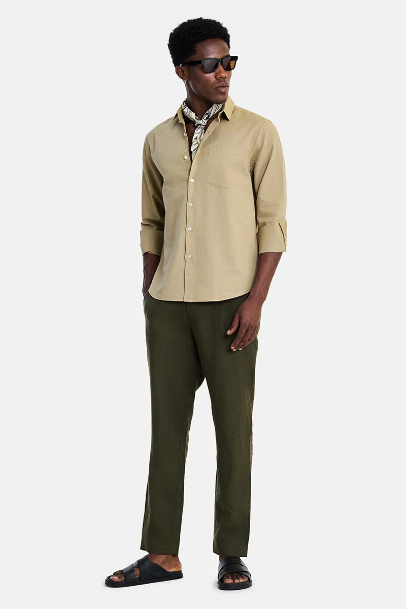 SNITCH Beige Solid Long Sleeve Regular Fit Vacation Shirt