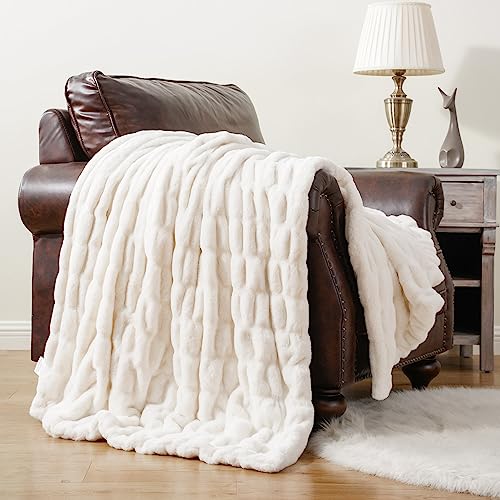 BATTILO HOME Cream Faux Fur Throw Blanket, Double Side Ruched Rabbit Fur Blanket for Couch, Bed, Super Soft Cozy Fuzzy Mink Blanket, 50"x60"(Ivory) - Image 1