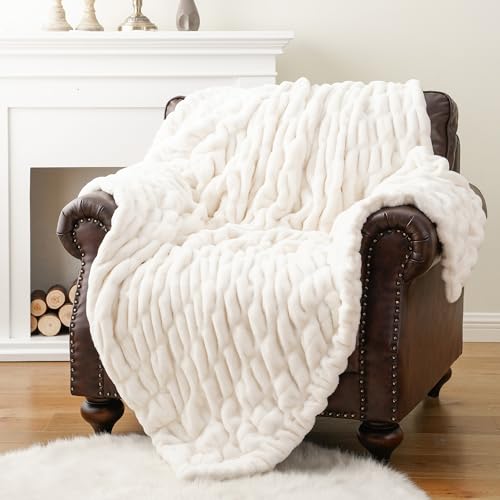 BATTILO HOME Cream Faux Fur Throw Blanket, Double Side Ruched Rabbit Fur Blanket for Couch, Bed, Super Soft Cozy Fuzzy Mink Blanket, 50"x60"(Ivory) - Image 3