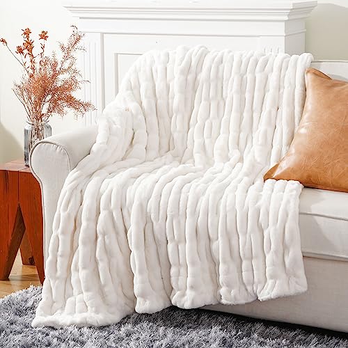 BATTILO HOME Cream Faux Fur Throw Blanket, Double Side Ruched Rabbit Fur Blanket for Couch, Bed, Super Soft Cozy Fuzzy Mink Blanket, 50"x60"(Ivory) - Image 2
