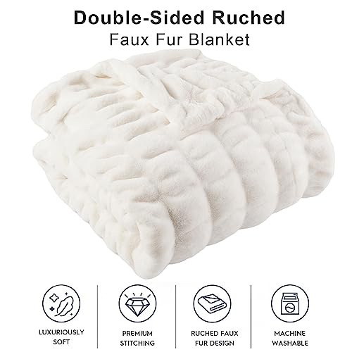 BATTILO HOME Cream Faux Fur Throw Blanket, Double Side Ruched Rabbit Fur Blanket for Couch, Bed, Super Soft Cozy Fuzzy Mink Blanket, 50"x60"(Ivory) - Image 5