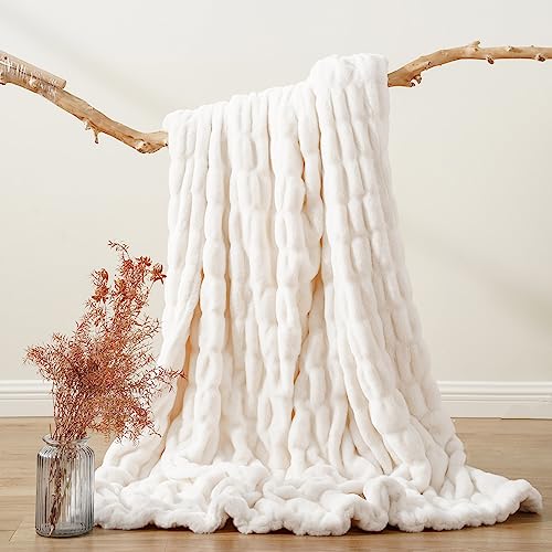 BATTILO HOME Cream Faux Fur Throw Blanket, Double Side Ruched Rabbit Fur Blanket for Couch, Bed, Super Soft Cozy Fuzzy Mink Blanket, 50"x60"(Ivory) - Image 4