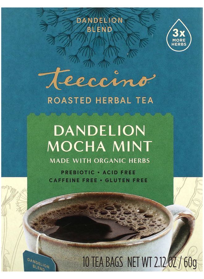 teeccino Roasted Herbal Tea Dandelion Mocha Mint Caffeine Free 10 Tea Bags 2.12 oz (60 g)