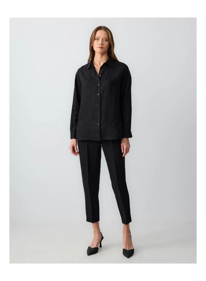 Jimmy Key Black 100% Linen Straight Cut Long Sleeve Woven Shirt.
